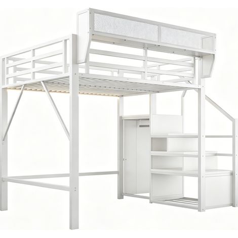 Cama alta 140 x 200 de metal blanco con escalera de seguridad, estantes flexibles y LED (1/5)
