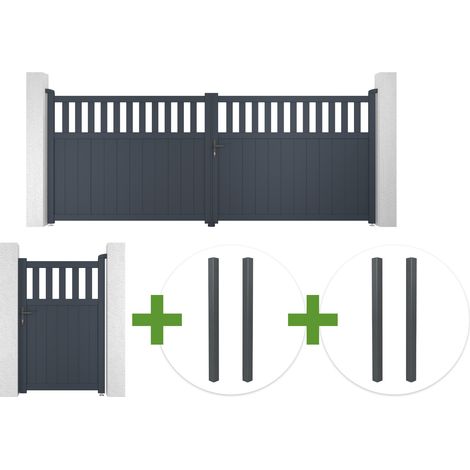 Portail battant 4m SANTIS H.160cm aluminium gris + 4 poteaux ELDA + Portillon 1m SANTIS H.160cm aluminium gris (1/5)