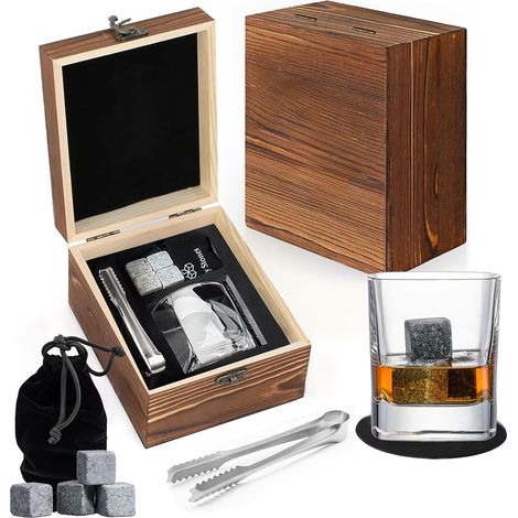 Verre à whisky, 1 verre à whisky en cristal de qualité supérieure avec 4 pierres à whisky réutilisables, pinces et dessous de verre dans une boîte en bois pour homme, papa, mari, frère (ensemble de (1/5)