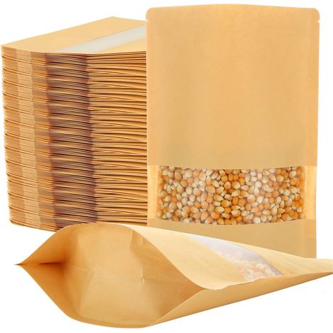 100 Pcs Sachet Zip Kraft 26 x 18 cm, Sachet Kraft Alimentaire avec Fenetre, Pochette Zip Kraft, Sac Kraft avec Fenetre pour Haricots, Thé, Épices, Fruits Secs (1/5)