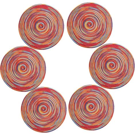Lot de 6 sets de table ronds en vinyle tissé résistant à la chaleur et lavable, antidérapants (ronds, rouges vifs). (1/5)