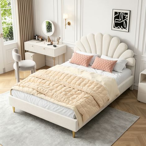 Polsterbett Doppelbett 140x 200 cm, Jugendbett Samtbett mit Blütenblatt-Kopfteil, Bettgestell für Erwachsenen mit Lattenrost, Ohne Matratze, Beige