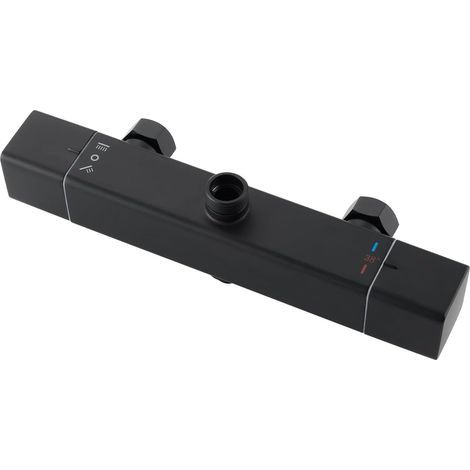 Miscelatore doccia a 2 uscite, rubinetto termostatico a parete, uscita superiore 3/4" BSP (26,4 mm) e uscita inferiore 1/2" BSP (21 mm), forma quadrata, finitura nero opaco. (1/5)