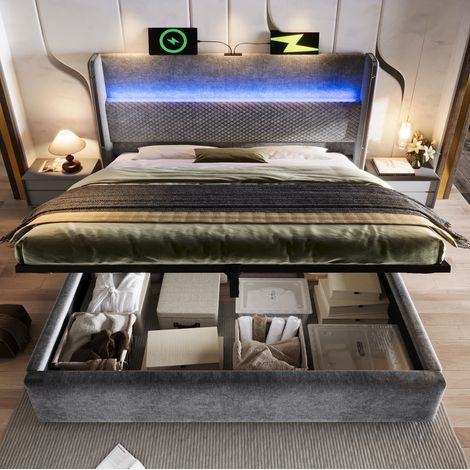 Cama hidráulica con cabecero alto, LED, USB y Type-C, 160x200 cm, lino gris (1/5)