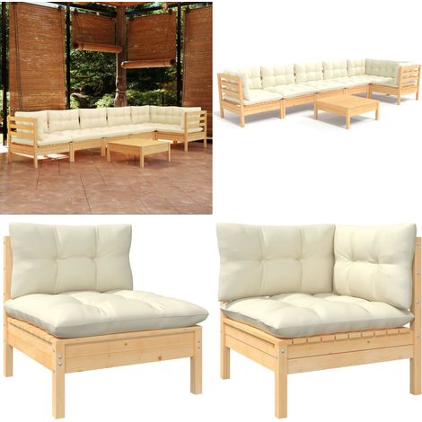 Salon de jardin 7 pcs avec coussins crème bois de pin - Ensemble Salon De Jardin - Salon De Jardin En Bois - Mobilier De Jardin - Meubles De Terrasse - Set Salon De Jardin - Home & Living (1/5)