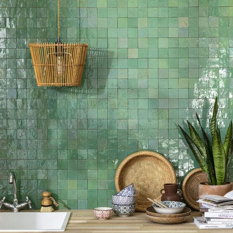 Zellige véritable Carrelage Artisanal - 5x5 cm - Vert d'eau (vendu par plaque de 0,09 m² - 30x30 cm) (1/5)