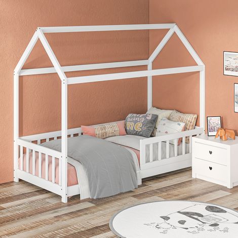 Cadre lit enfant Blanc forme maison avec lattes clôture pin ludique. 96x195x165 cm