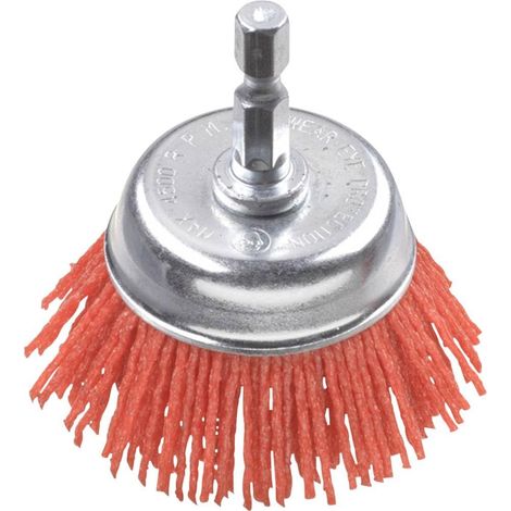 Brosse boisseau, grossière, nylon abrasif, Ø 75 mm pour bois, métal et métaux non ferreux, brosse nylon pour perceuse y compris tige hexagonale E6.3, pour poncer, structurer (1/2)