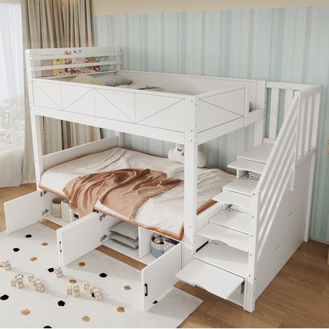 Etagenbett 254x95x189 cm Weiß aus Massivholz und MDF mit Stauraumtreppe, Schrankfächern und erhöhter Absturzsicherung (1/5)