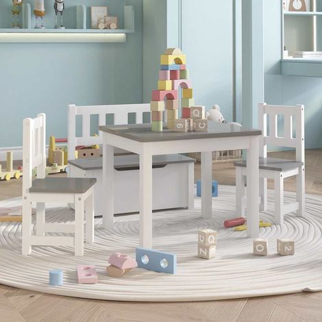 Ensemble mobilier enfant 4 pièces, chaises et banc de rangement en MDF blanc gris - PANGIVO (1/5)