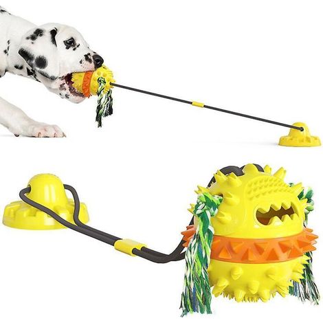 Jouet à mâcher interactif jaune pour chien avec ventouse, balle et fonction de nettoyage des dents (1/3)