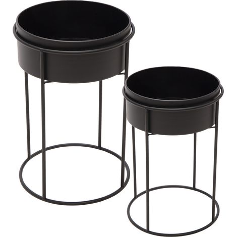 Metall Blumentopf Ständer 2er Set schwarz für Innen -  28 und 22 cm - Pflanzsäule mit Übertopf - Blumenhocker Blumentreppe Pflanzenständer Topf Halter