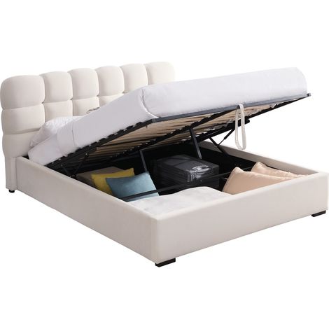 Homifab – Lit coffre adulte 160x200 cm – Sommier relevable à lattes – Tête de lit capitonnée en velours beige – Rangement intégré (1/5)