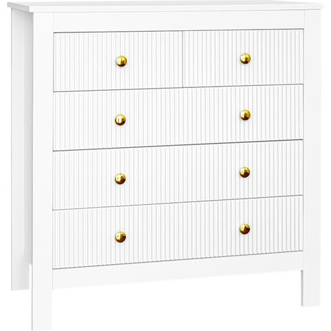 Commode blanche avec 5 tiroirs, poignées dorées et pieds renforcés, rangement polyvalent pour chambre ou salon (1/5)
