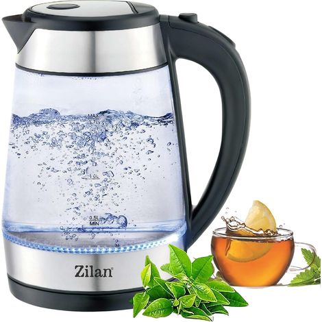 Bouilloire en verre et acier inoxydable - 2200 W - 1,7 l - Éclairage LED bleu - 360 ° - Filtre anti-calcaire - Sans BPA - Kettle - Purificateur d'eau - Bouilloire à thé (1/5)