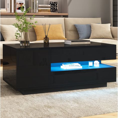 Couchtisch aus Spanplatte in Schwarz Hochglanz 95 cm, höhenverstellbare Tischplatte mit LED und Stauraum (1/5)