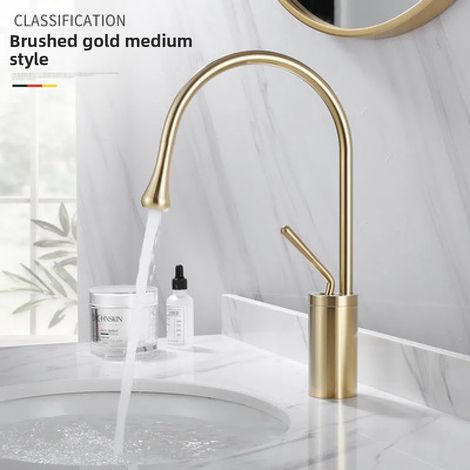 Robinet de lavabo moderne (or brossé moyen) - Robinet mitigeur en laiton, finition or brossé, noir et argent, à fixer sur plage. Idéal pour salle de bain. (1/5)
