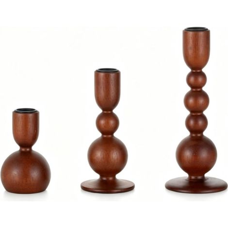 Set of Retro Wooden Pillar Candle Holders (Brown, 3 pcs) (1/5)