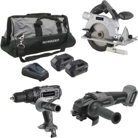 Pack perceuse + meuleuse +scie circulaire + sac + chargeur + batteries (1/2)