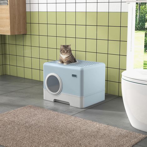 Arenero para Gatos Cubierto con Pala Bandeja Extraíble Entrada Frontal y Salida Superior 52x41x38,5 cm Azul (1/5)