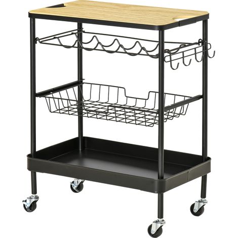 Table de service roulante avec panier à bouteilles et plateau amovible 60,5x35,5x75 cm Noir