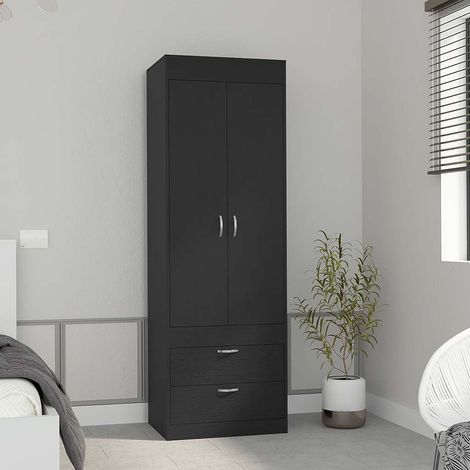 Armadio Lisboa in Legno Nero con 2 Cassetti e Binario di Sospensione, Dimensioni 178,81 cm x 59,18 cm x 48 cm (1/5)