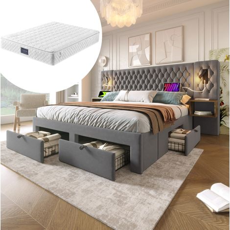 Letto matrimoniale vintage 160x200 cm in velluto grigio, con 2 comodini, 4 cassetti, luci lettura USB/Type-C e materasso (1/5)