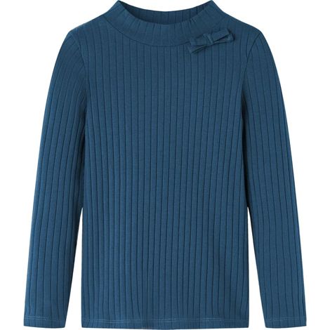T-shirt enfant à manches longues en tricot côtelé bleu marine avec demi-col roulé, petit nœud et taille 116 en coton doux (1/5)