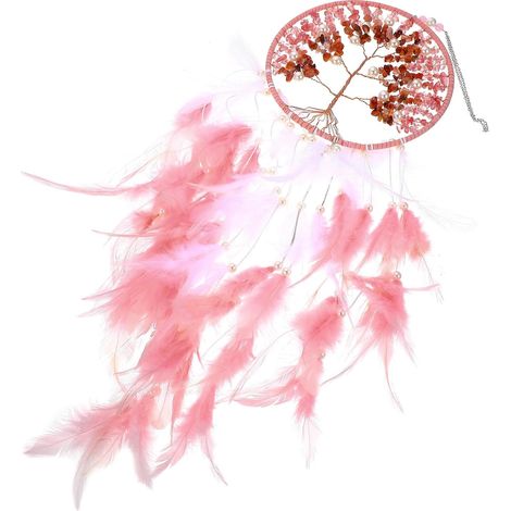 Attrape-rêves Artisanal Rose à Plumage Décoration Arbre de Vie, Ornement Suspendu Léger pour Déco Murale Chambre Ado Fille et Intérieur Maison, Pendentif Romantique sans Lumière (1/5)
