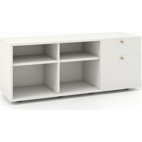 Pour salon ou entrée, rangement pratique avec meuble TV blanc, 2 tiroirs, 4 cubes et pieds réglables (1/5)