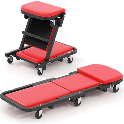 COSTWAY Chariot de Visite Pliable, Tabouret d'Atelier Convertible avec Siège Rembourré 6 roulettes, Planche de Travail Mécanicien pour Garage Réparation Automobile Entretien, Charge 160 kg (Rouge) (1/5)