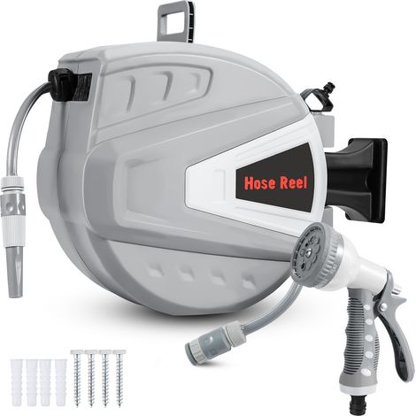 SWANEW Enrouleur De Tuyau 20+2m Pression 8Bar Raccord 1/4"avec Pistolet à Eau (9 Modes de Jet Réglables) Rétractation Automatique Pneumatique Pivotant à 180° (1/5)