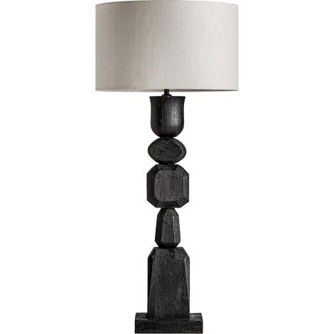 Lampe de salon contemporaine en bois de manguier noir et jute - Noir veiné bois naturel et beige jute (1/5)