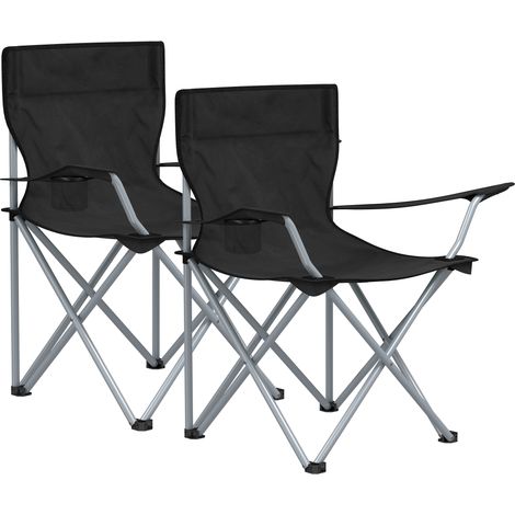 Lot de 2 chaises de camping pliables, chaises pliantes pour l'extérieur, confortables, avec accoudoirs et porte-gobelets, cadre stable, capacité de charge de 120 kg - Noir (1/5)