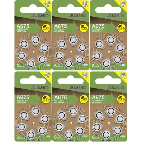 Lot de 36 Piles bouton Zinc Air 1,45V type A675/675 compatibles PR44 pour appareils auditifs - Juanio - (1/2)