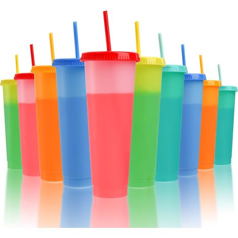 Juego de 10 vasos Lyellfe que cambian de color, de 710 ml (24 oz), a prueba de fugas, con tapa y pajita, vasos de plástico multicolor para bebidas frías de verano, perfectos para fiestas de adultos y  (1/5)