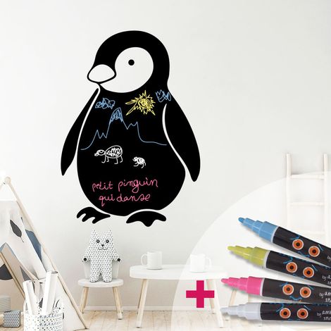 Sticker ardoise tableau noir - stickers muraux adhésif effaçable - PINGOUIN + 4 CRAIES LIQUIDES - 35x25cm (1/4)