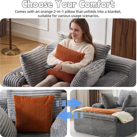 Canapé-lit moderne sans armature avec méridienne, revêtement en velours côtelé gris, incluant 3 coussins et 1 couverture intégrée (1/5)