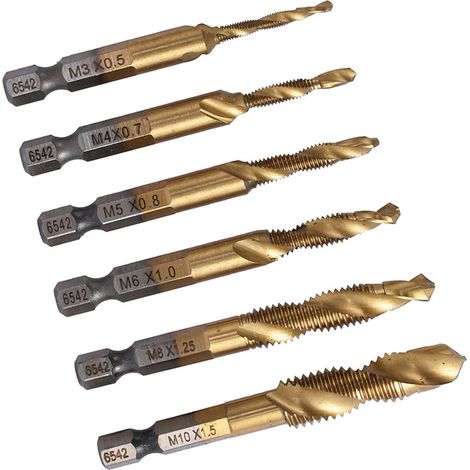 Coffret de 6 forets et tarauds métriques combinés, forets robustes en acier rapide revêtus de titane M3 M4 M5 M6 M8 M10 (1/5)