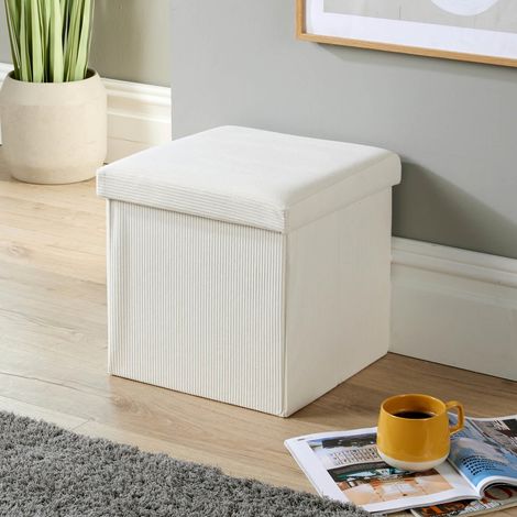 Folding Ottoman Corduroy Cream Fabric Chest Solid Space Saving Storage Square (1/5)