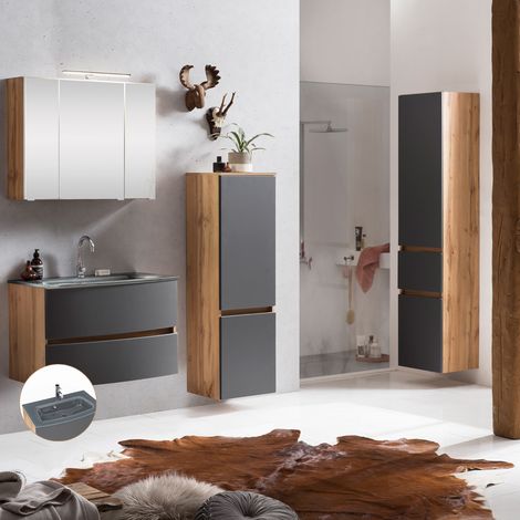 Badezimmermöbel Komplett Set LAURIA-03 in Wotaneiche Nb. mit matt grau, 3D Spiegelschrank inkl. Beleuchtung, BxHxT: ca. 200x200x49 cm (1/5)