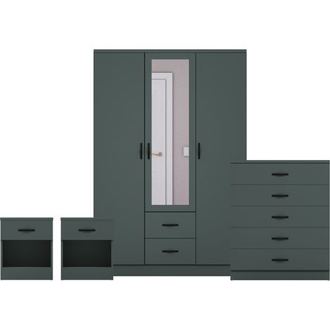 Riano 4 Piece Bedroom Set (1 Drw Bedside Chest, 5 Drw Chest, 3 Dr 2 Drw Mirrored Wardrobe), Green (1/3)