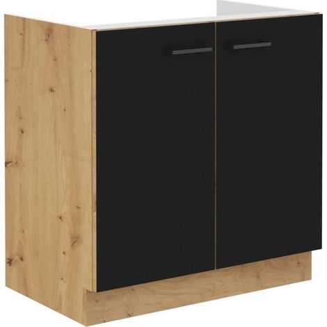 Meuble sous évier 80 x 52 x 82 cm – Chêne artisan et noir mat – 2 portes battantes avec amortisseurs – Installation au sol – 1000Brico (1/4)