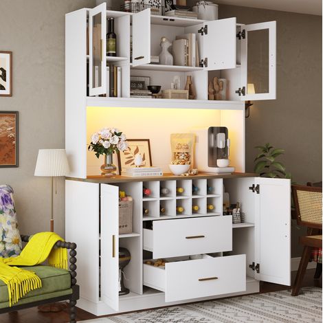 Credenza da cucina 120 x 36,3 x 180 cm con LED, presa, 6 ante e 2 grandi cassetti, bianco (1/5)