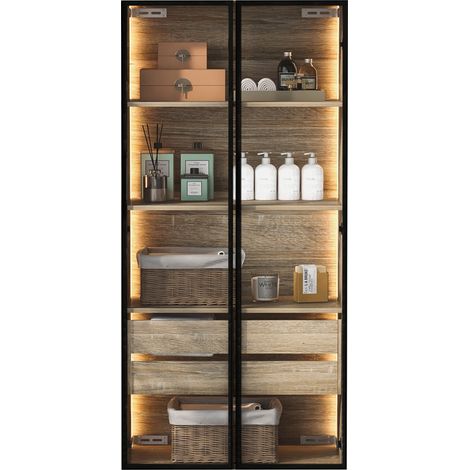 Meuble de salle de bains mural ou posé au sol avec LED, 2 tiroirs, 2 portes en verre dépoli, rangement anti-poussière, MDF effet bois clair - CHICFURN (1/5)