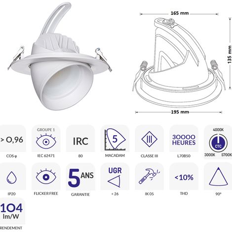 DOWNLIGHT SAMBA BLANC 28-38W SEERA CTC 3000K/3500K/4000K ASLED SAM38WSEE