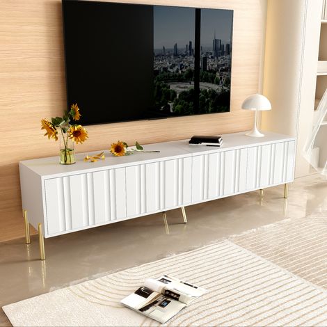 Meuble TV blanc 190x38x48cm, pieds dorés, porte cannelée, meuble bas scandinave pour salon, rangement média élégant. (1/5)