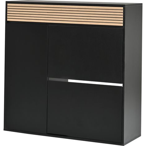 Schmaler Schuhschrank mit 1 Tür, 2 Klappen, Schwarz und Holzoptik, 100 x 35 x 105 cm (1/5)