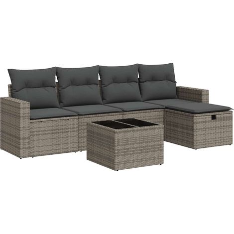 Set de muebles de jardín 6 pzas y cojines ratán sintético gris vidaXL (1/5)