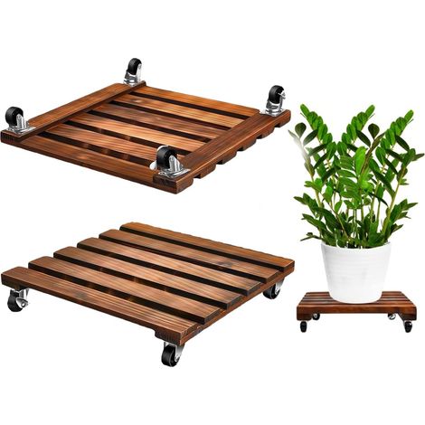 Lot de 2 roulettes pour plantes, pot de fleurs, soucoupe avec roues verrouillables à 360 °, planche à roulettes robuste en bois avec intérieur et extérieur, résistant aux intempéries, dessous (1/5)